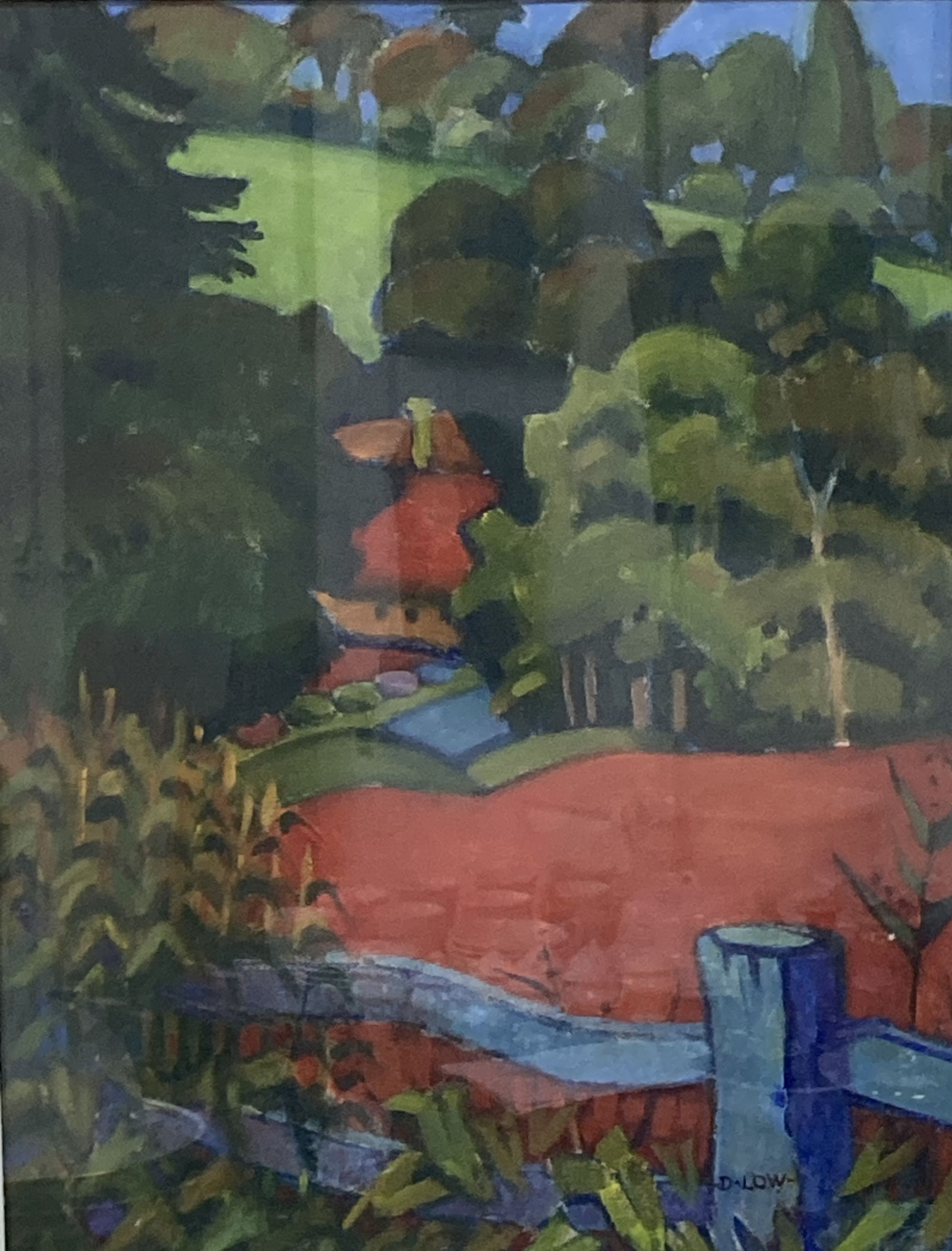 Diana Low (1911-1975), oil on canvas board, Landscape with red field, signed, 44 x 34cm
